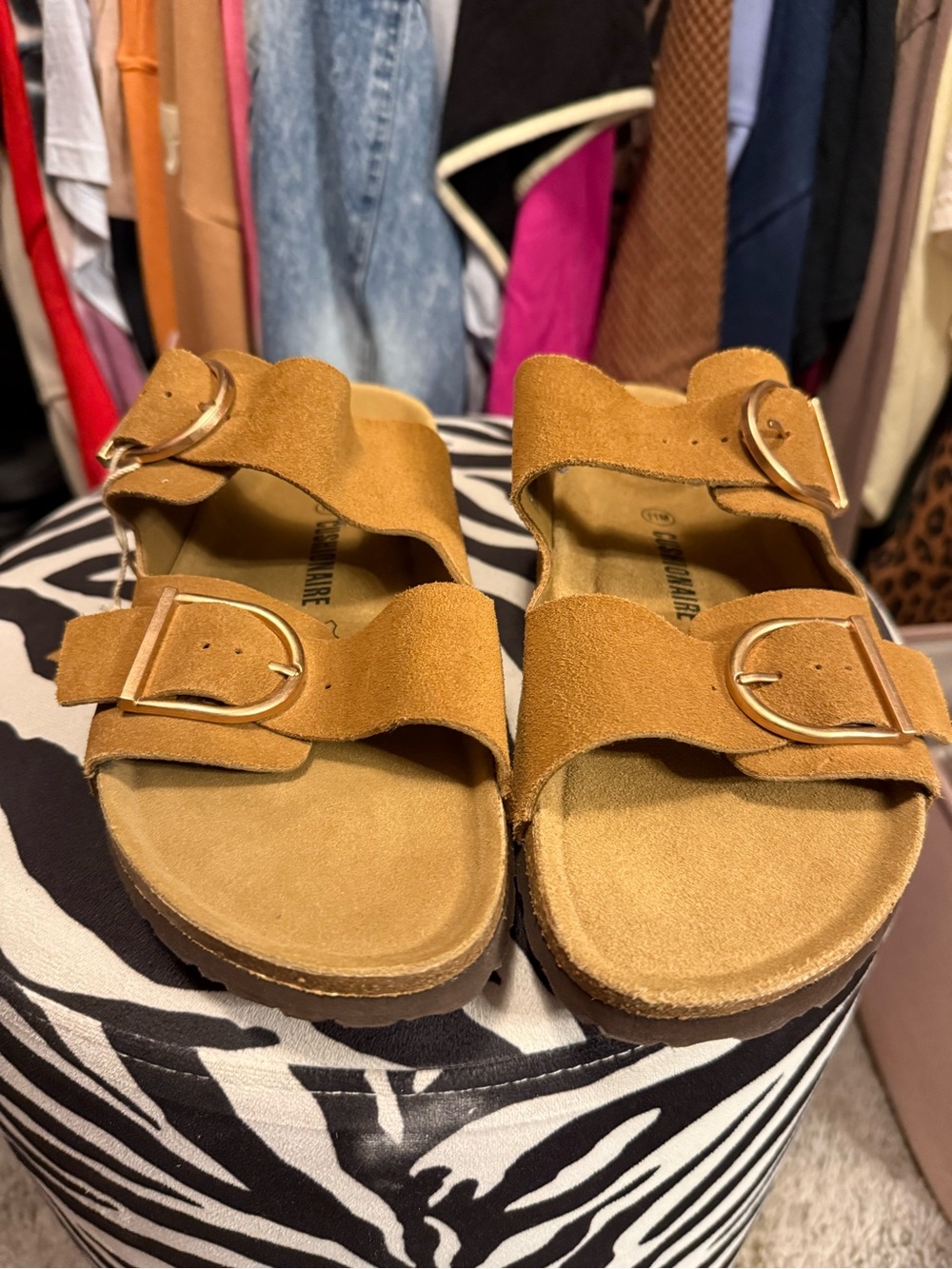 Tan Suede Double-Buckle Slide Sandals